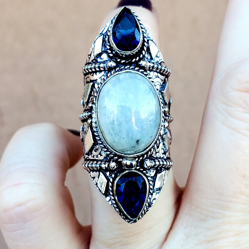 New Rainbow Moonstone & Blue Topaz 925 Silver Statement Ring.